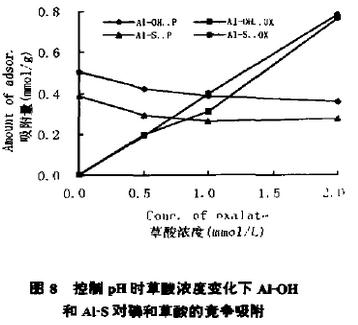 图8 控制pH时草酸浓度变化下氢氧化铝和Al-S对磷和草酸的竞争吸附