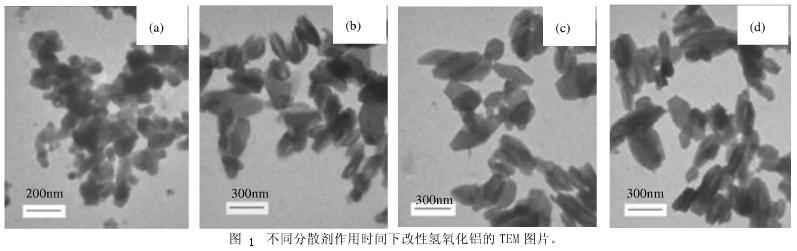 图1 不同分散剂作用时间下改性氢氧化铝的TEM图片